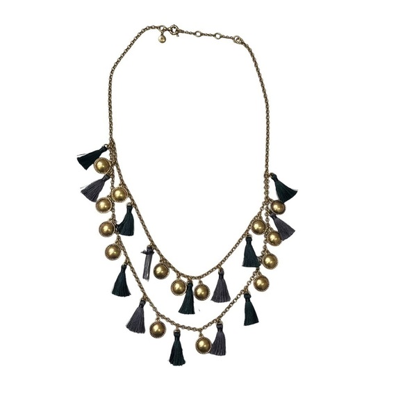 J Crew Statement Necklace Green Blue Tassels Gold Tone - Picture 1 of 6